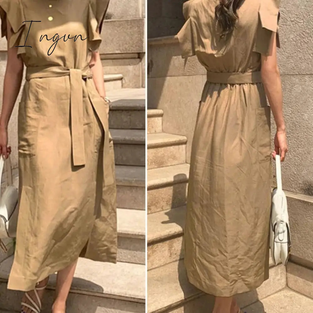 Ingvn - Sexy Sleeveless Summer Dress Sexy Ruffle Maxi Long Dress With Belt Women Bohemian Sundress Party Vestido Autumn Robe
