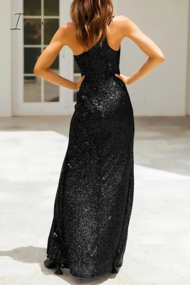 Ingvn - Sexy Formal Solid Sequins Slit Oblique Collar Evening Dresses(6 Colors)