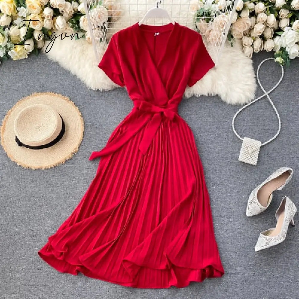 Ingvn - Elegant Midi retro Dress Women's New Solid Color V-neck Lace-up Waist Slimming over-the-Knee Pleated Dress Office Lady