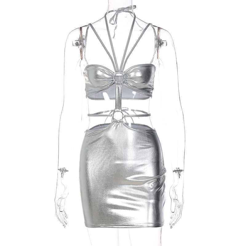 Voguable  Solid Sleeveless Bodycon Halter Hollow Out Sexy Mini Dress  Summer Women Fashion Streetwear Outfits Y2K