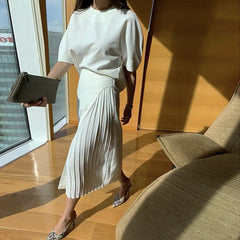 Summer Korean Skirt Suits Women Two Piece Set Short Sleeve O-neck Top + High Waist Long Pleated Skirt 2 Piece Outfits Elegant
