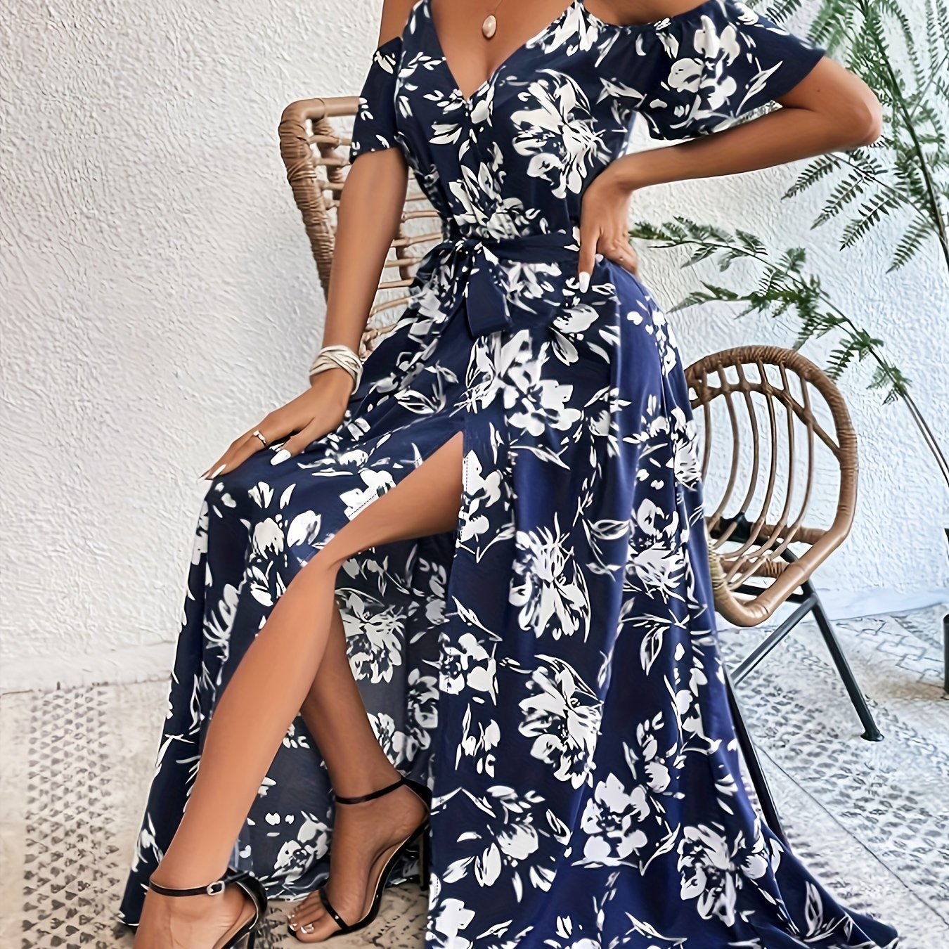Vibrant Floral Print A-Line Dress - Cold Shoulder, Belted, Split Sleeveless, Elegant, Comfortable, Spring & Summer Essential - Women's Clothing, Perfect for Outdoor Activities