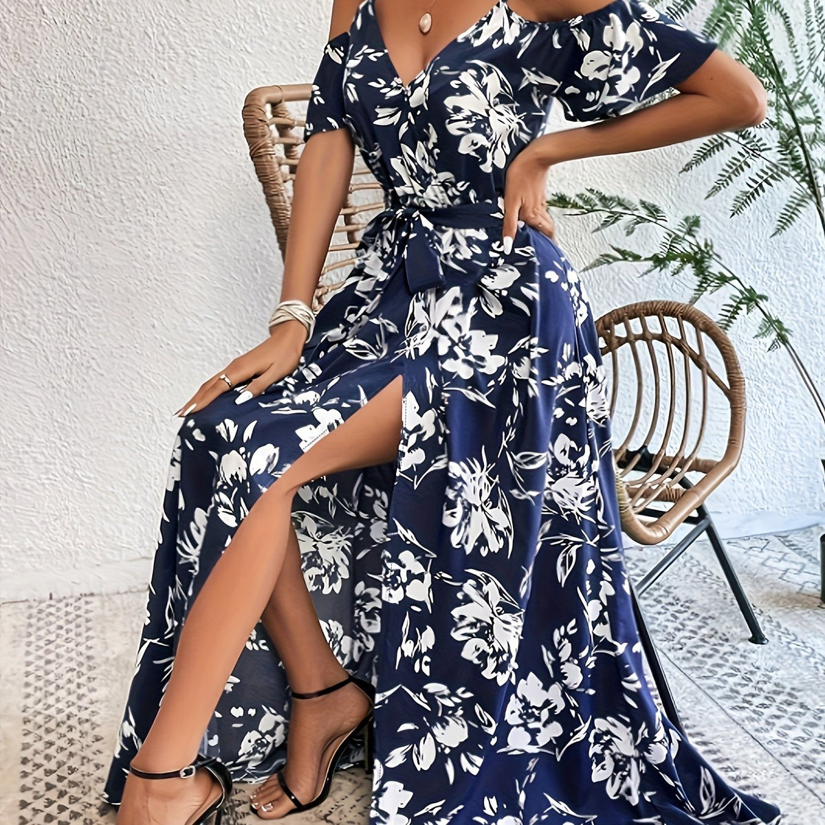 Vibrant Floral Print A-Line Dress - Cold Shoulder, Belted, Split Sleeveless, Elegant, Comfortable, Spring & Summer Essential - Women's Clothing, Perfect for Outdoor Activities