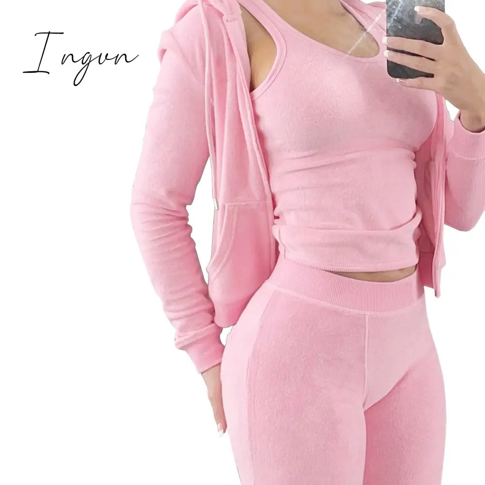Ingvn - Double Face Fleece Three Piece Set Woman Long Sleeve Vest Hooded Drawstring Sweatpants Winter Sports Jogger Outfits