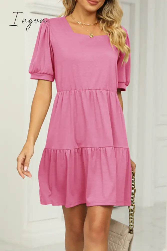 Ingvn - Casual Solid Fold Square Collar A Line Dresses