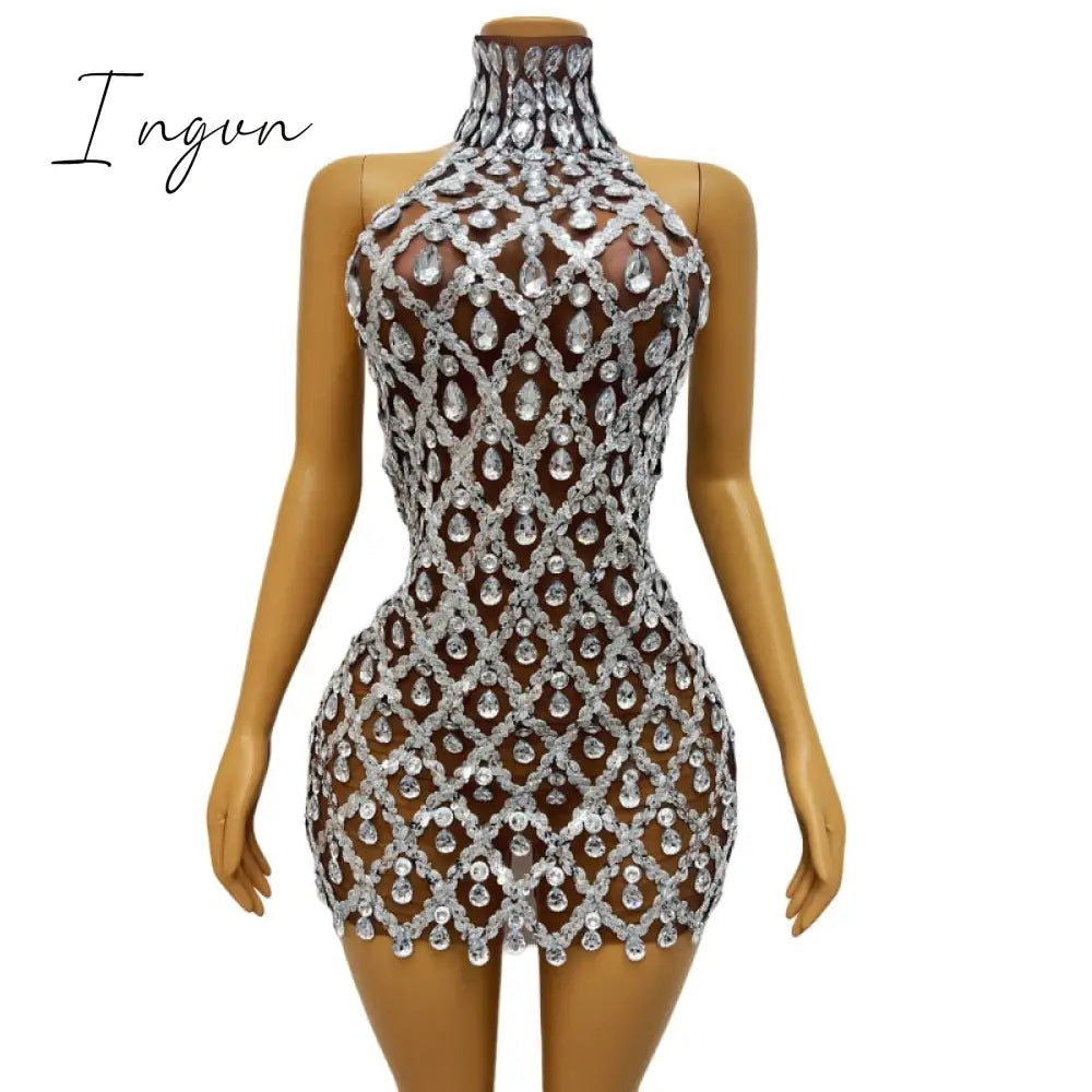 Ingvn - Sparkly Black Sequins Sleeveless Birthday Stones Transparent Backless Dress Shiny Evening Celebrate Outfit Stretch Mesh shaokao