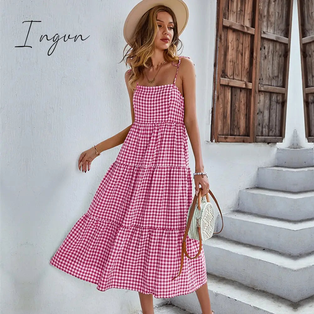 Ingvn - Ladies Vintage Boho Plaid Summer Dress Women Sexy Backless Casual Ruffles Party Beach Sundress Women Dress Robe Vestidos Female
