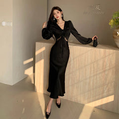 Black Satin Long Dresses for Women Sexy Prom V-Neck Long Sleeve Elegant Evening Party Female Clothing Fashion Casual Robe
