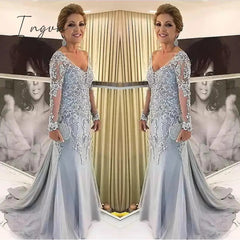 Ingvn - Elegant Silver Long Sleeves Mother Of The Bride Clothes V Neck Bride Patin Evening Dress Wedding Party Guest Clothes New