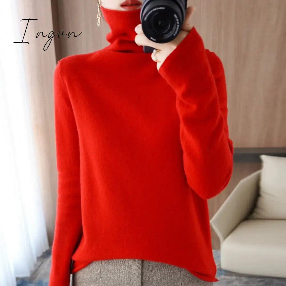 Ingvn - 100% Pure Wool Cashmere Sweater Fall/Winter Pile Collar Pullover Korean Fashion Casual Knitted Tops Women Jacket Long Sleeve