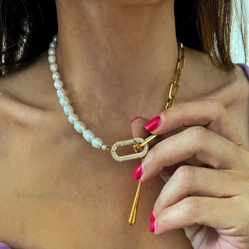 INGVN  Real Natural Baroque Freshwater Pearl Stainless Steel Chain Choker Necklace for Women Girl Gift,Popular White Pearl Jewelry