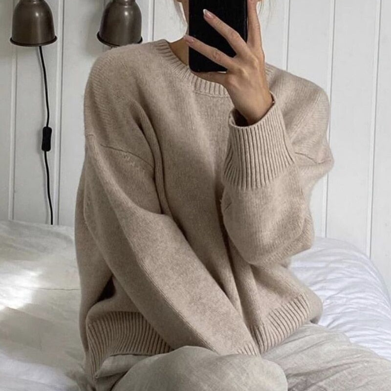 Voguable Elegant Women Sweater Oversized Knitted Basic Pullovers O Neck Loose Soft Female Knitwear Jumper