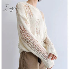 Ingvn - Autumn New Korean Style Long-sleeved Sexy Hole Sweater Asymmetric Hem Loose Pullover Hollow Out Thin Knit Sweater Jumper Tops
