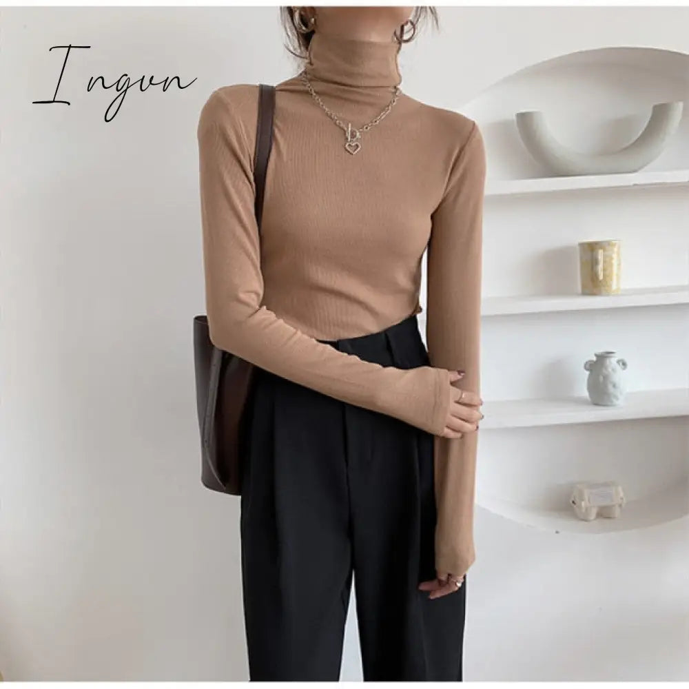 Ingvn - Autumn Women Pullover Tops Female Knitted Sweaters Solid Concise Turtleneck Elasticity Elegant Office Lady Casual All Match