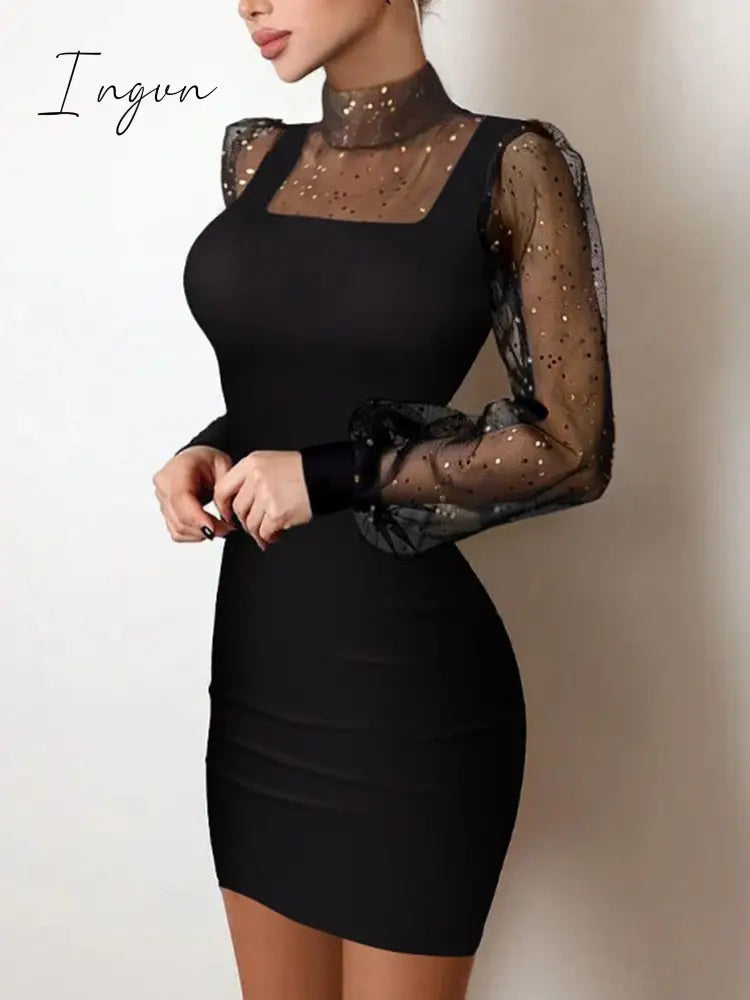 Ingvn - Y2K Sexy Floral Print Contrast Mesh Bodycon Dress Geometric Night Out Vestidos Mini Casual Daily Women Floral Dress