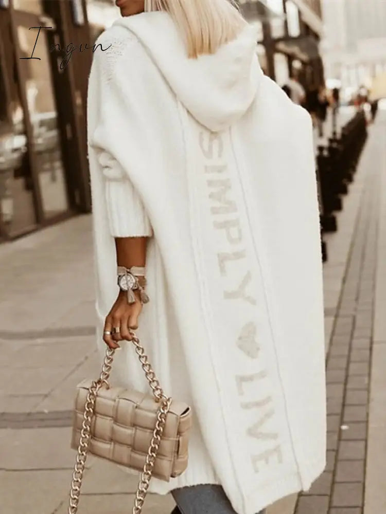 Ingvn - Women's Cardigan Knitted Letter Personalized Stylish Casual Long Sleeve Regular Fit Sweater Cardigans Hooded Fall Winter Gray Camel White