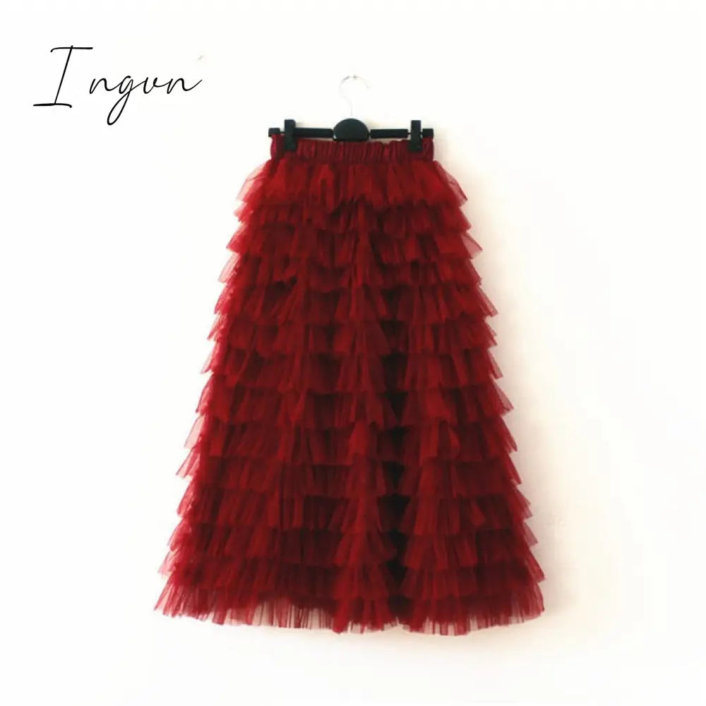 Ingvn - jupe femme Spring Party Skirt Elastic High Waist Long Tulle Skirt Women Multilayer ruffles Pink Mesh Tutu Skirt Ladies