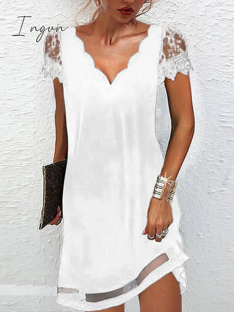 Ingvn - Women‘s Lace Dress A Line Dress Short Mini Dress Black Short Sleeve Pure Color Lace Spring Summer V Neck Elegant Loose 2023 S M L XL XXL XXXL / Party Dress