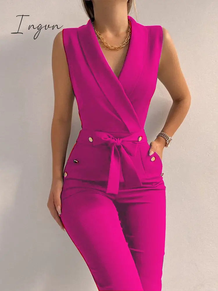 Ingvn - Female Backless V Neck Solid Zipper Jumpsuit Off Shoulder Sleeveless Overalls With Pockets Casual Women Summer Slim Long Rompers