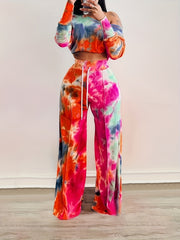 Two-piece Set, Long Sleeve Crop Top & Drawstring Wide Leg Pants Outfits, Casual Tie Dye Women's Clothing