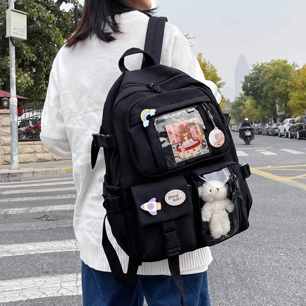 INGVN  Kawaii Aesthetic Women Backpack School Bag for Teen Girls Japanese Korean Rucksack Student Bookbags with Cute Accessor Mochila