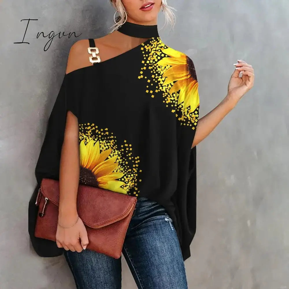 Ingvn - Women Metal Halter Hollow Out Print Top Patchwork Short Sleeve Loose Summer Blouse Femme Fashion Pullovers Casual Youth New