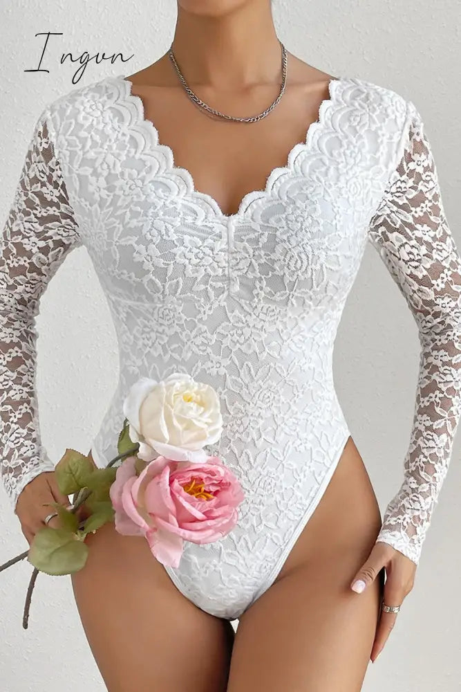 Ingvn- Sexy Solid Patchwork See-through Backless V Neck Skinny Bodysuits