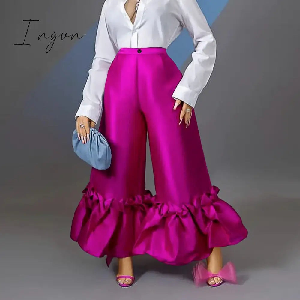 Ingvn - Women High Waist Flare Pants Wide Leg Big Size Shiny Fuchsia Bell Bottoms Trousers Dressy Femme Trendy Party Club Outfits 4XL