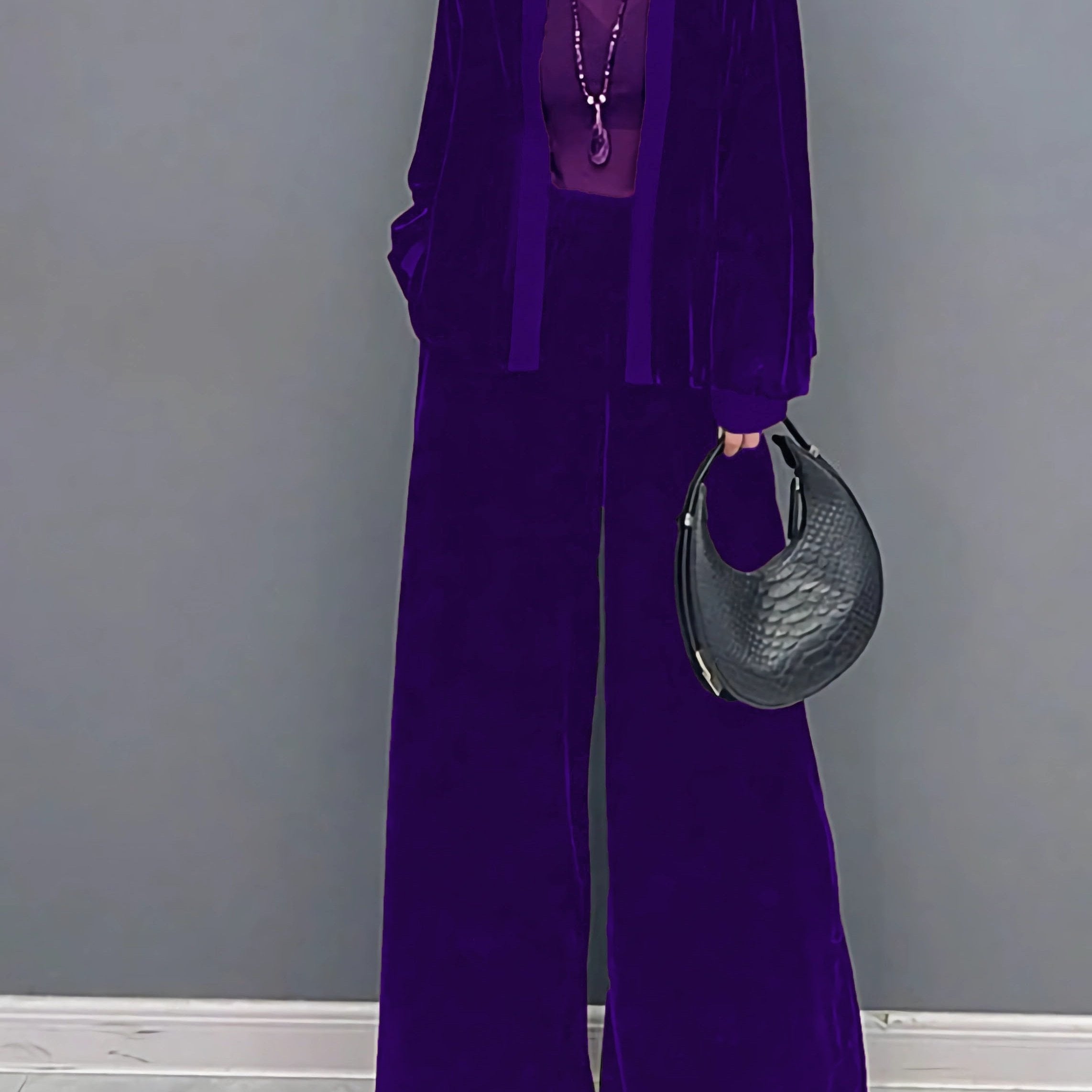 2 Pcs Velvet Solid Color Long Sleeve Open Front Top & Wide Leg Pants Outfit, Women's Clothing