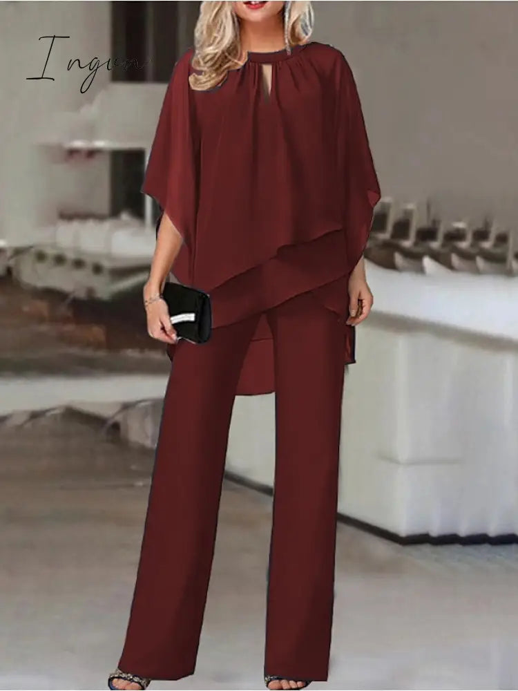 Ingvn - Jumpsuits for Women Summer Dressy Solid Color Round Neck Elegant Daily Vacation Straight Regular Fit Half Sleeve Navy Blue 3XL Spring Fall