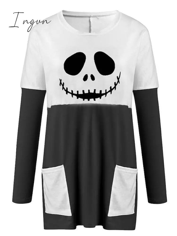 Ingvn - Women's Tunic Shirts Tunic Black White Wine Plaid Color Block Pocket Print Long Sleeve Halloween Weekend Round Neck Long Abstract Painting S