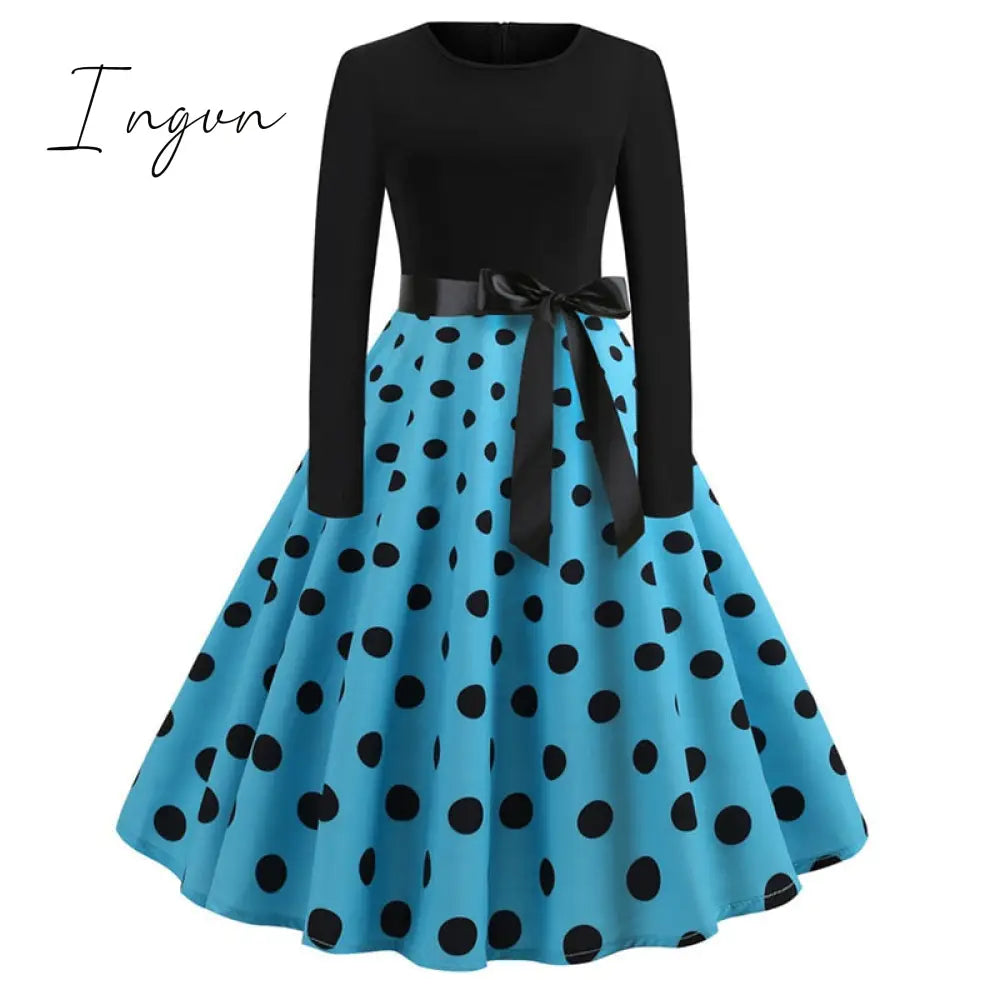 Ingvn - Winter Christmas Dresses Women 50S 60S Vintage Robe Swing Pinup Elegant Party Dress Long Sleeve Casual Plus Size Print Black