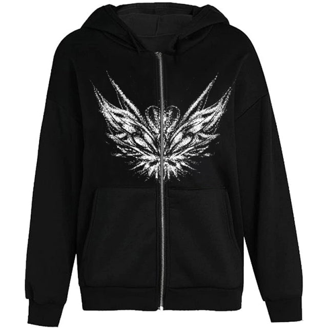Y2K Retro Dark Gray Butterfly Zipper Hooded Sweatshirt 90s Harajuku Punk Gothic Zip Up Hoodie Long-sleeved Loose Jacket