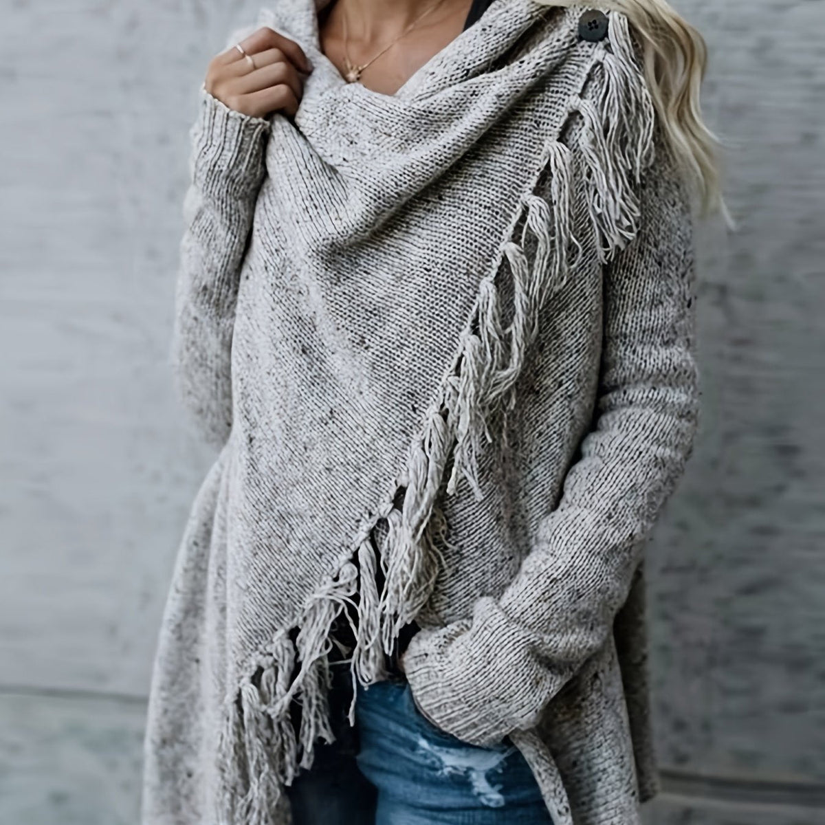 Stylish Fringe Hem Poncho Cardigan - Women's Elegant Long Sleeve Cross Hem Cardigan for Fall & Winter - Soft, Cozy, and Versatile Winter Wear with Button Front and Chic Design