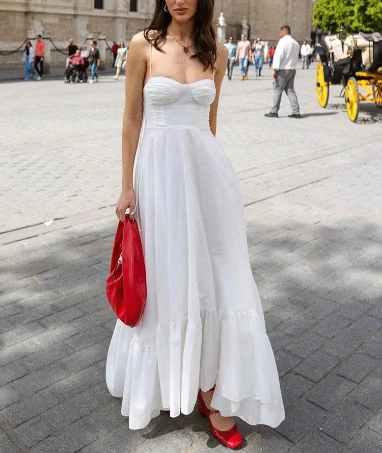 Female Beach Style Dress White Sling Sleeveless Backless Lace-Up Decoration Zipper Summer Fashion Women Long Dresses