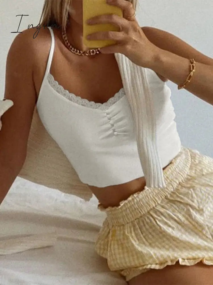 Ingvn - Womens Fashion Streetwear Lace Patchwork Summer White Tank Top Women Home Y2K Fashion Leisure Outfit Basic Casual Crop Tops Kawaii Clothes