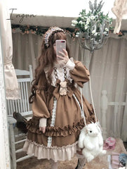 Ingvn - Japanese Gothic Lolita Dress Women Kawaii Bow Bear Lace Blue Dress Long Sleeve Princess Dress Halloween Costume Gift For Girls