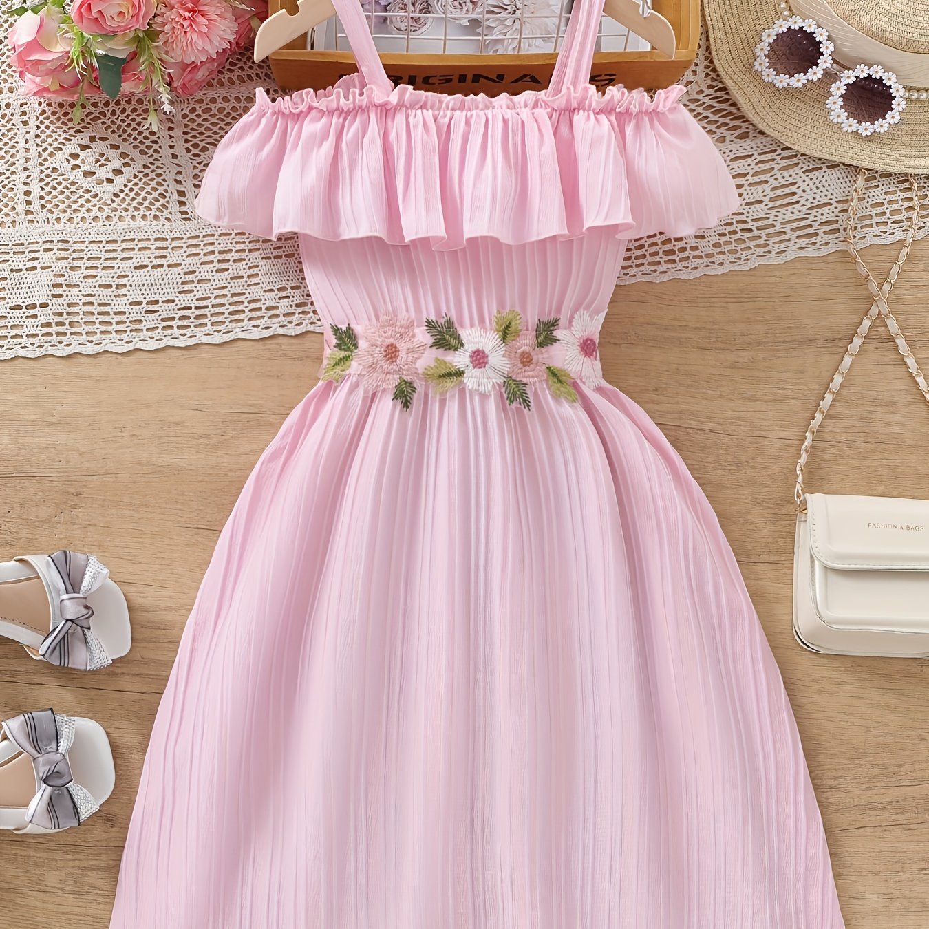 Charming Floral Ruffle Off-Shoulder Suspender Dress - Casual, Elegant, Spring and Summer Essential for Girls - Embroidered Flower Design, Comfortable and Versatile