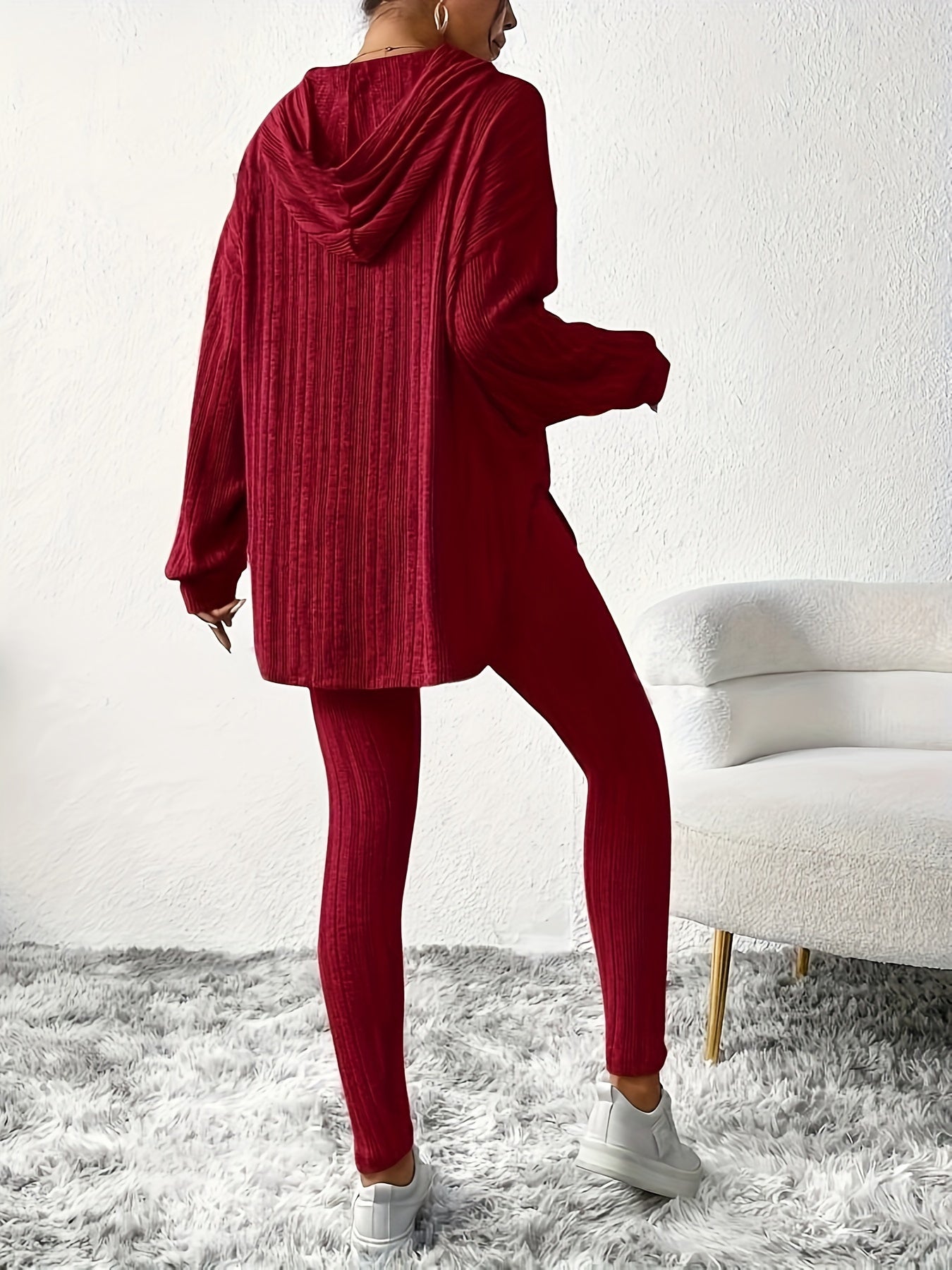 Sleek Duo, Elegant Solid Color Ribbed Hoodie & Leggings Set for Women - Long Sleeve, Polyester Blend, Machine Washable - Perfect for Spring/Fall