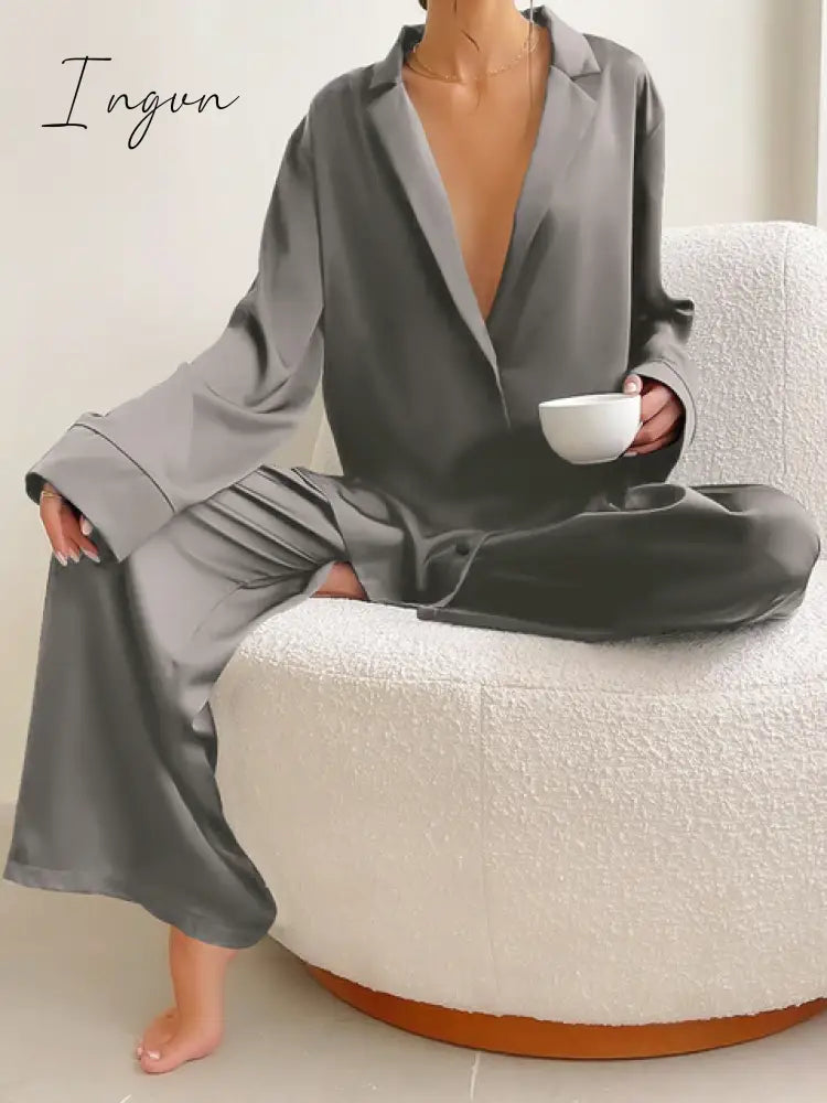 Ingvn - Oversized Satin Silk Sleepwear Low Cut Sexy Pajamas For Women Single-Breasted Long Sleeves Wide Leg Pants Trouser Suits