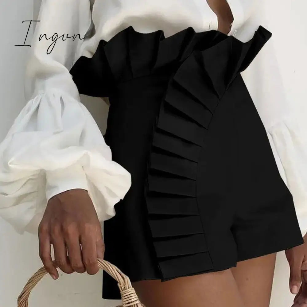 Ingvn - Women's Bottom Ruffle Hem Shorts Pleated High Waist Solid 2023 New Fashion Pant Elegant Summer Casual Female Clothing Outfits