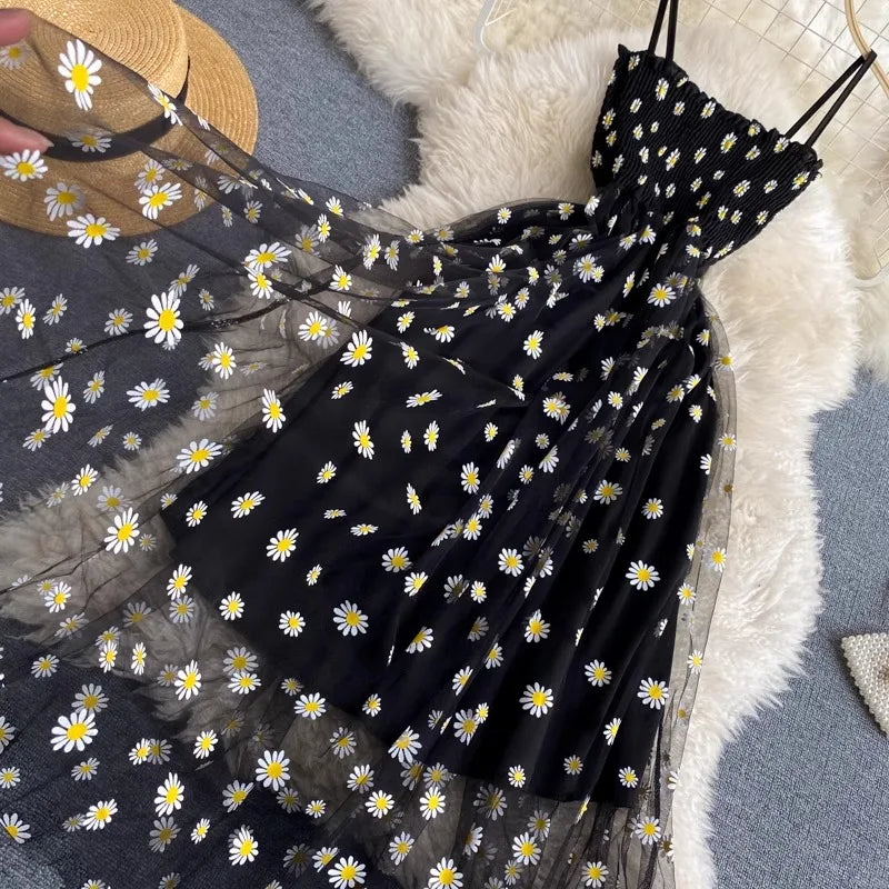 Women Dress 2025 New Korean Fashion Floral Print Spaghetti Straps Mesh Party Dress Vacation Style Lady Beach Vestidos