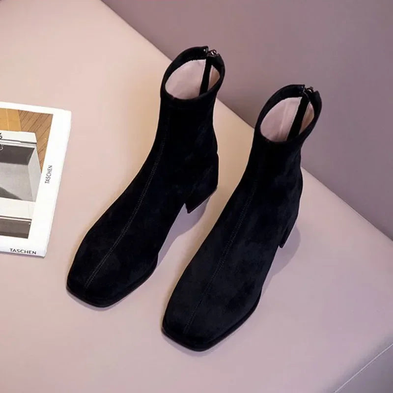 Square Toe Suede Short Boots Women's Autumn Winter Elastic Thick Heel Back Zip Ankle Boots Fashion Gray Black Botas De Mujer