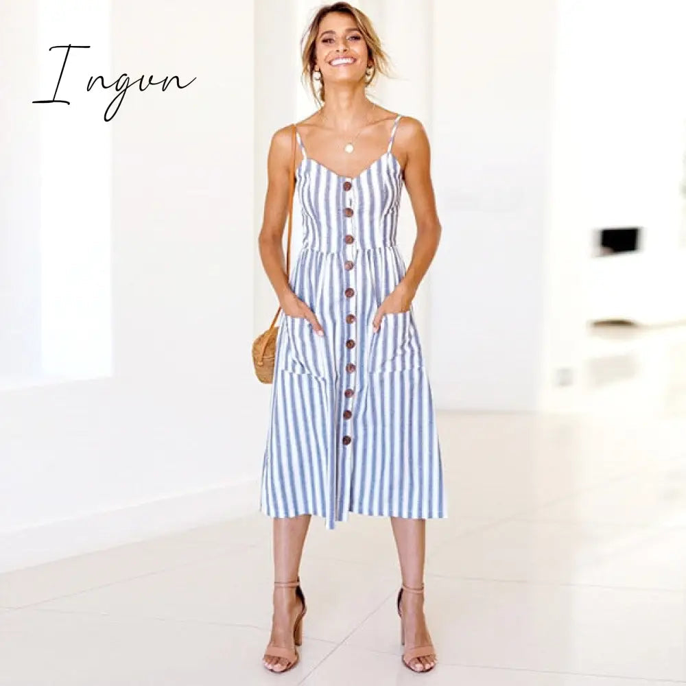 Ingvn - Boho Sexy Floral Dress Summer Vintage Casual Sundress Female Beach Dress Midi Button Backless Polka Dot Striped Women Dress