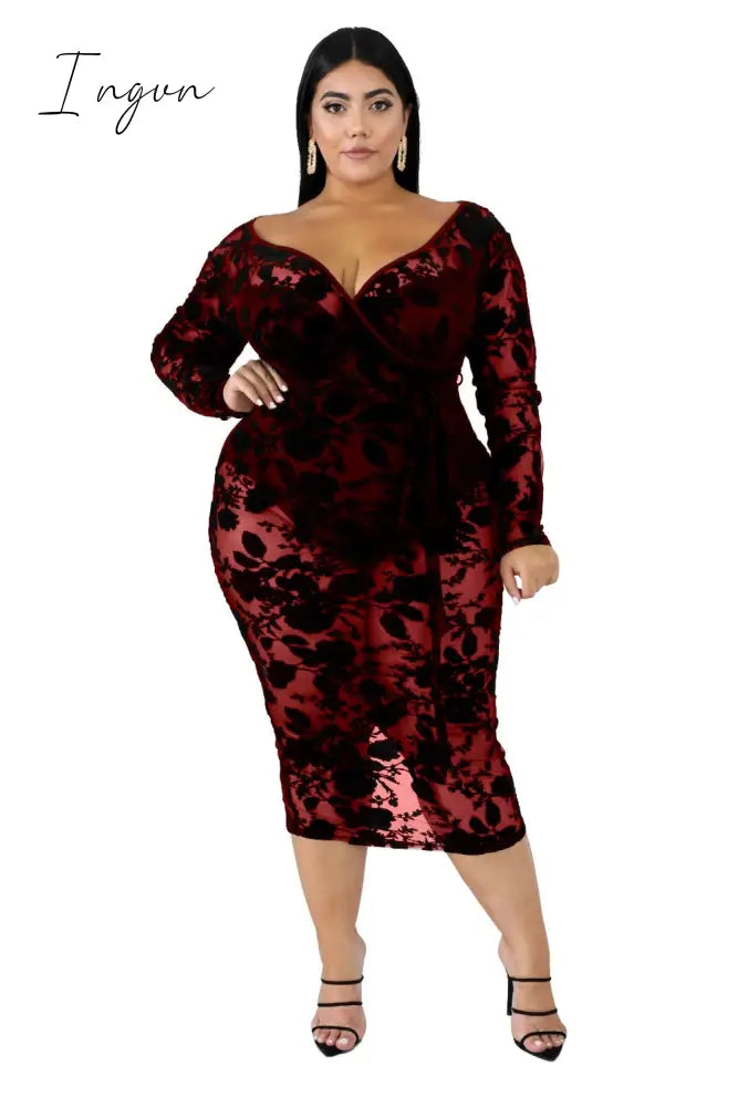 Ingvn - Slim Sexy Dress Women Spaghetti Straps Lace Mesh Perspective Party Fishtail Patchwork Midi Bodycon Plus Size Vestidos