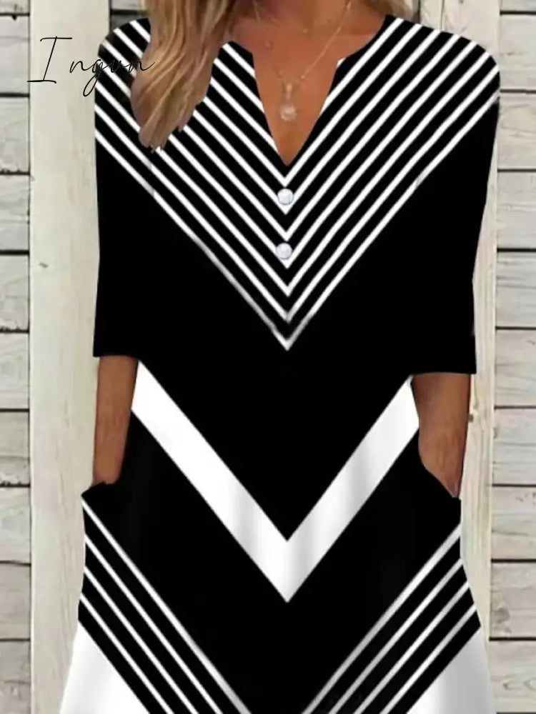 Ingvn - Women's Casual Dress Shift Dress Midi Dress Black and white stripes Green Dark Blue Half Sleeve Color Block Button Summer Spring V Neck Basic Vacation 2023 S M L XL XXL 3XL