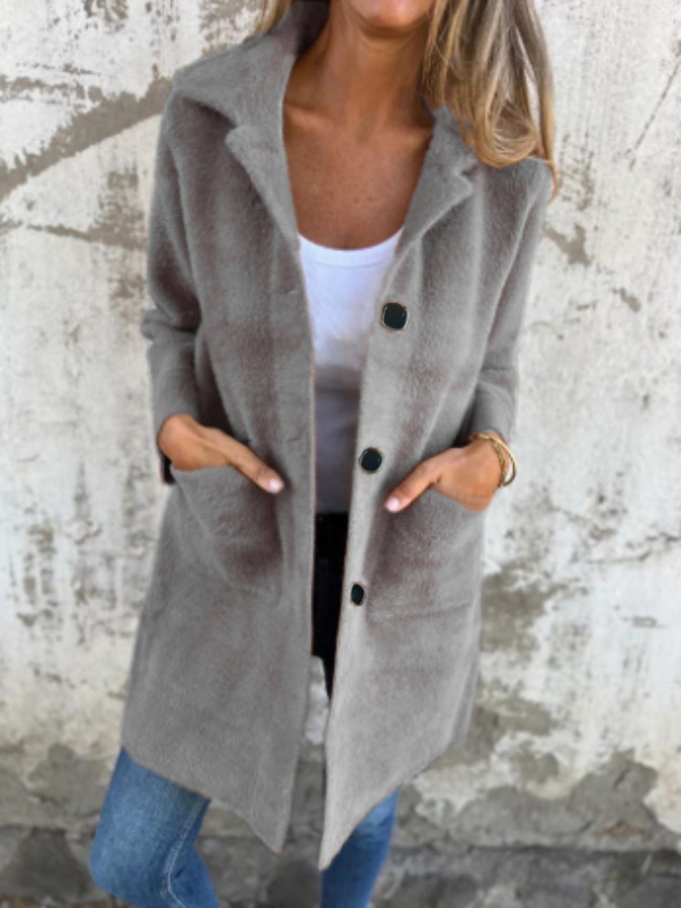 Autumn and winter single-breasted solid color lapel pocket double-sided cashmere mid-length coat for women