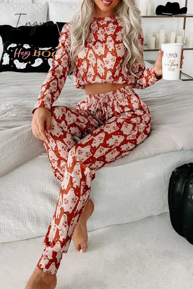 Ingvn - Casual Skull Printing V Neck Long Sleeve Two Pieces