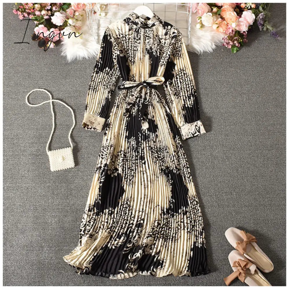 Ingvn - Vintage Long Dress Popular Full Sleeve Spring Fall New Loose A-Line Printed Leopard Pleated Women Dress Elegant Robe y1470