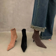 Women's Ankle Boots Pointed Toe New Autumn Women's Thin High Heels Women's Suede Solid Short Botines Chelsea Botte Femme